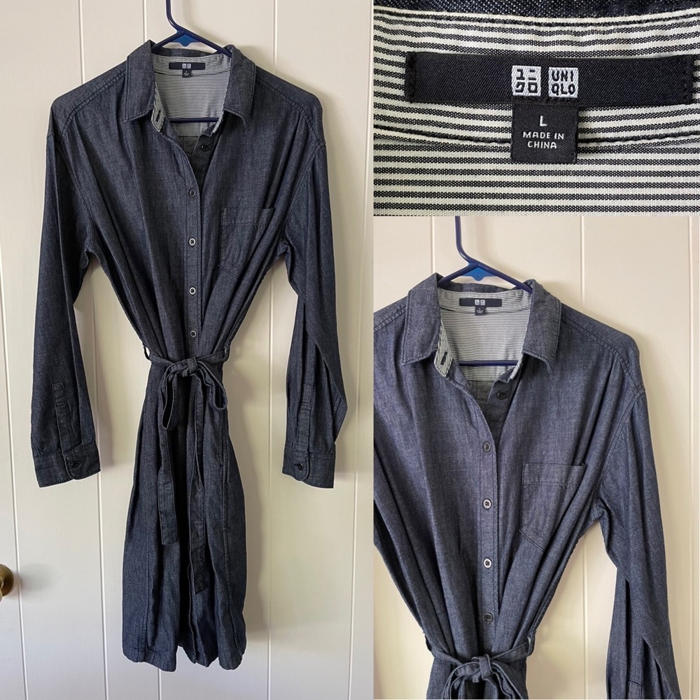 Uniqlo Indigo Chambray Shirt Dress with Tie Waist